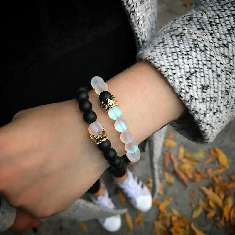 

WANGAIYAO new fashion crown colorful glass bead bracelet elastic rope bracelet beaded couple bracelet men and women jewelry