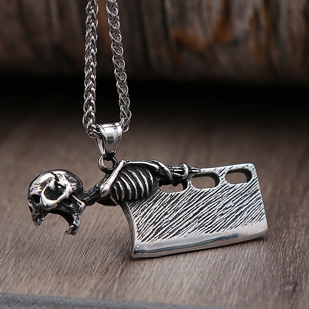 

Gothic Men Kitchen Knife Skull Pendant Necklace Jewelry Punk Stainless Steel Biker Skull Necklace Fashion Jewelry Corkscrew