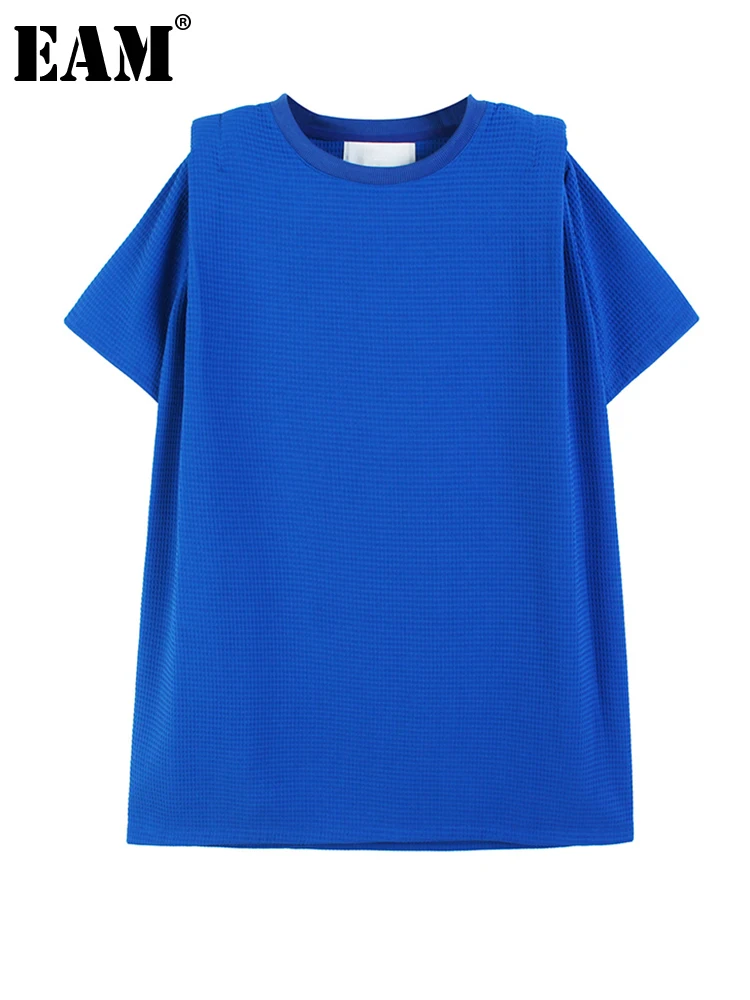 

[EAM] Women Blue Shouder Padded Big Size Casual T-shirt New Round Neck Short Sleeve Fashion Tide Spring Summer 2022 1DE8321