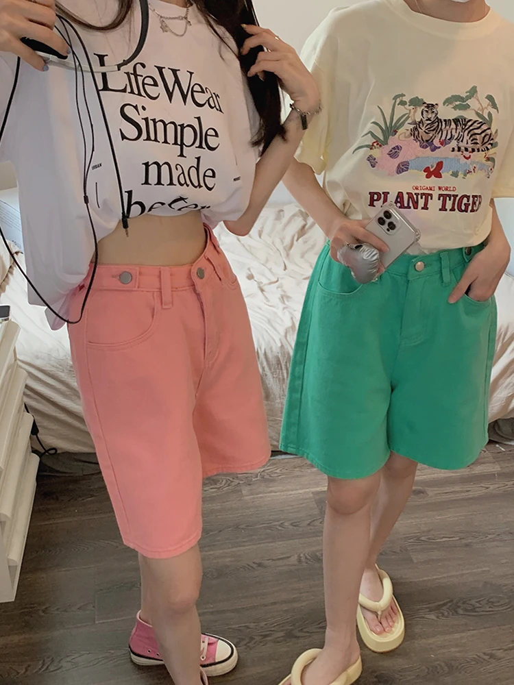 

Женские джинсовые шорты до колен, с широкими штанинами и высокой эластичной талией