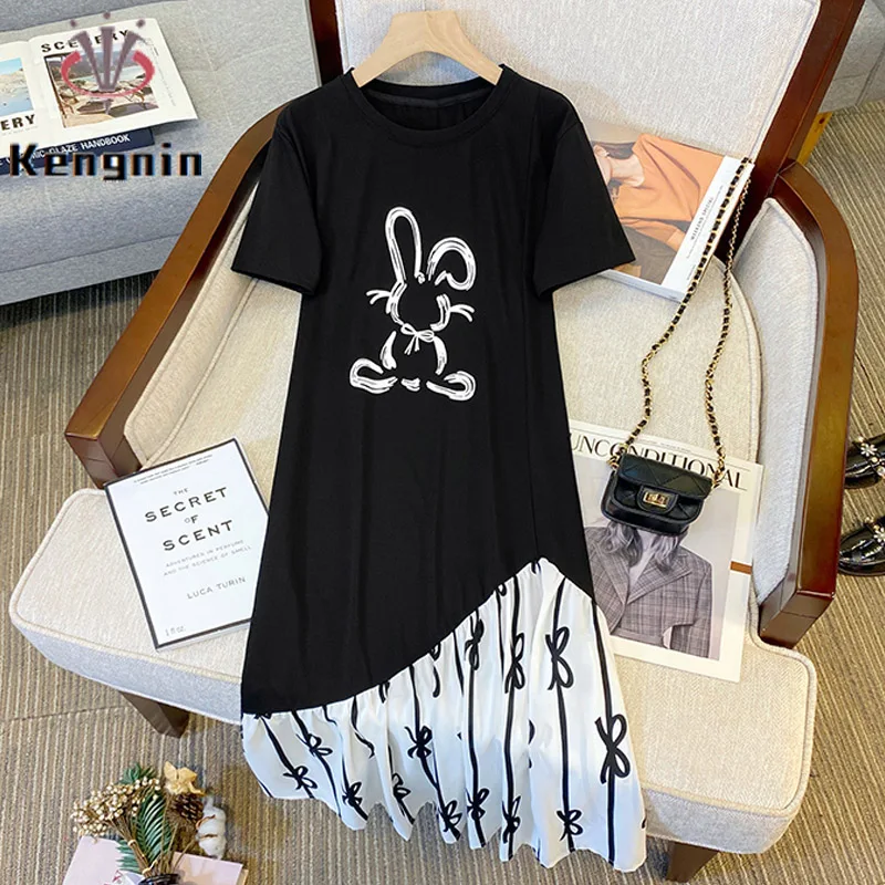 

Cotton Patchwork Chiffon Dresses for 2023 Summer Asymmetrical Black Dresses Loose Plus Size Female Robe Lady Vestido KE3508