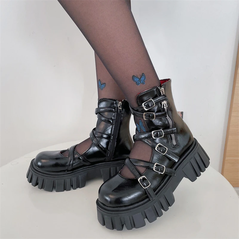 

Women's Shoes JK Retro Roman Mary Jane Shoes Japanese Casual Gothic Punk Zipper Metal Buckle 2023 New Black Leather Biker Boots