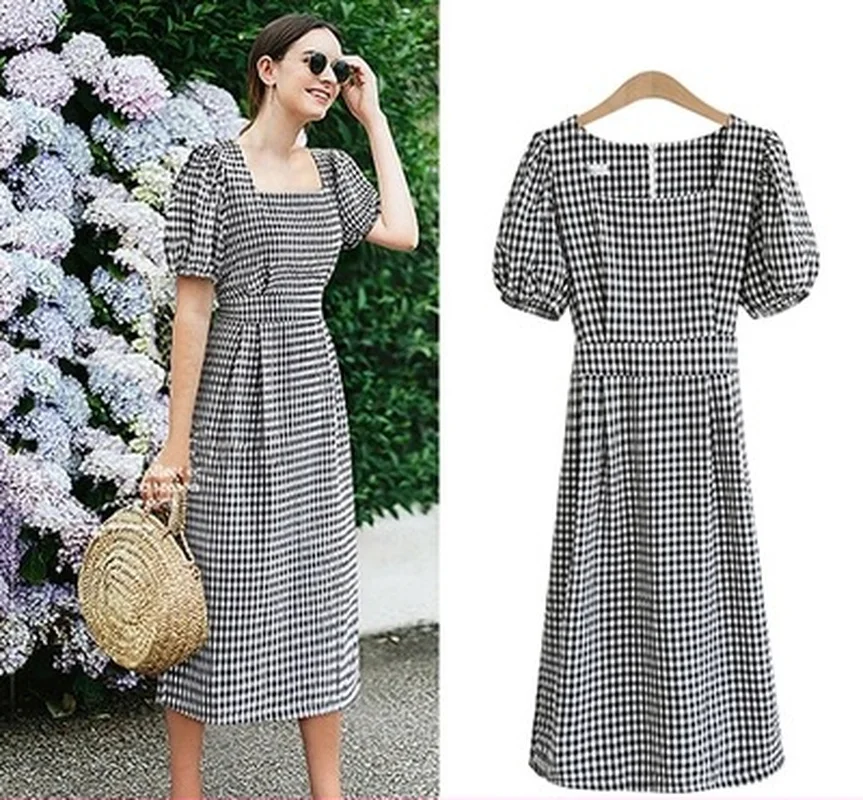 

Large Square Neck Belt Dresses Women Summer Female Slim Thin Lantern Sleeve Plaid Dress Casual Streetwear Office Lady Loose
