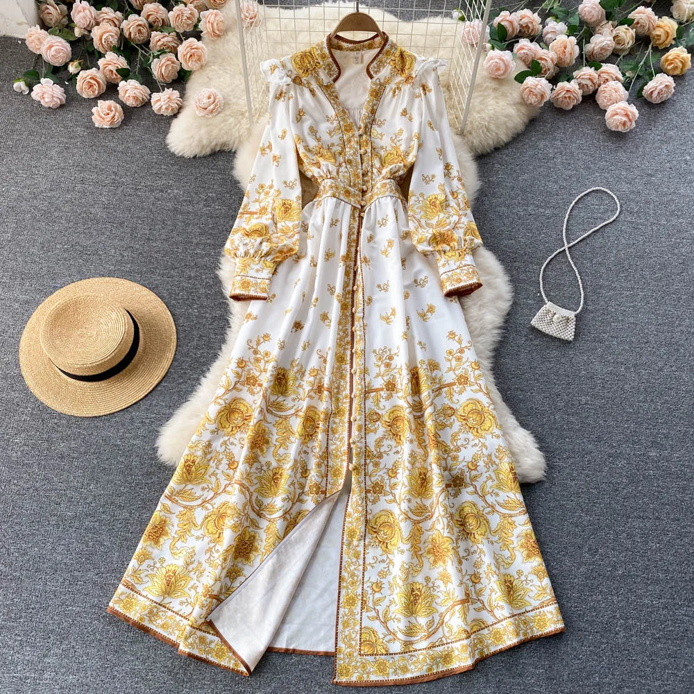 

European and American style design niche 2022 V-neck lantern sleeve printed dress loose and over-the-knee long skirt