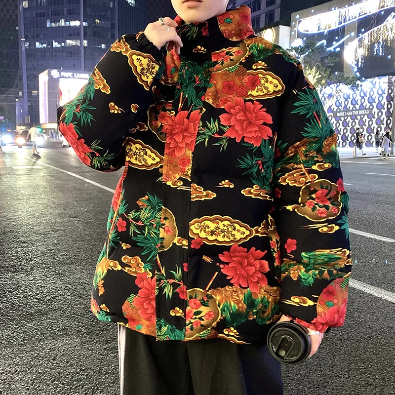 Winter Jacket Men Warm Fashion Casual Thickening Flower Coat Men Streetwear Loose Printing Short Coat Mens Parker Clothes M-5XL