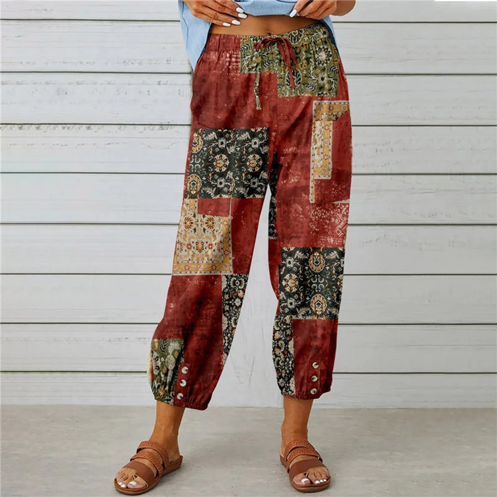 

Cropped Pants Women Capri High Waist Pants Drawstring Pants With Pockets Wide Leg Trousers Western Ethnic Block Womens Clothes