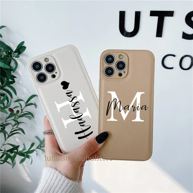 

Custom Personalised Initial Name Heart Leather PU Case For iPhone 13 11 12 Pro Max X XR 7 8 Plus Soft Border Cover for iPhone 13