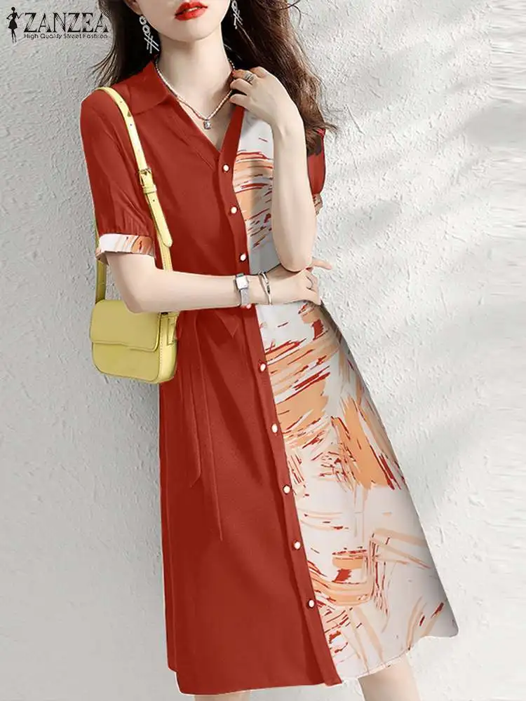 

Платье ZANZEA женское до колен с принтом, модная одежда в Корейском стиле с поясом, халаты с коротким рукавом-фонариком, Повседневная рубашка, л...