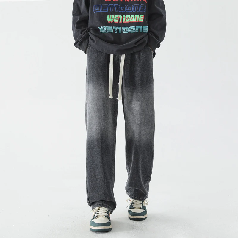 CAAYU Korean Fashion Men's Baggy Jeans Classic Japanese Streetwear Straight-leg Denim Wide-leg Pants Male Light Blue Jeans Mens