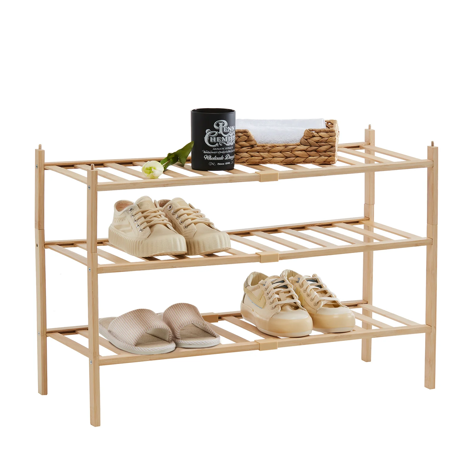 

Bamboo Shoe Rack 3 Tier Stackable Shoe Shelf Small Shoe Racks DIY Free Standing Shoe Stand for Entryway Natural Shoes Organizer
