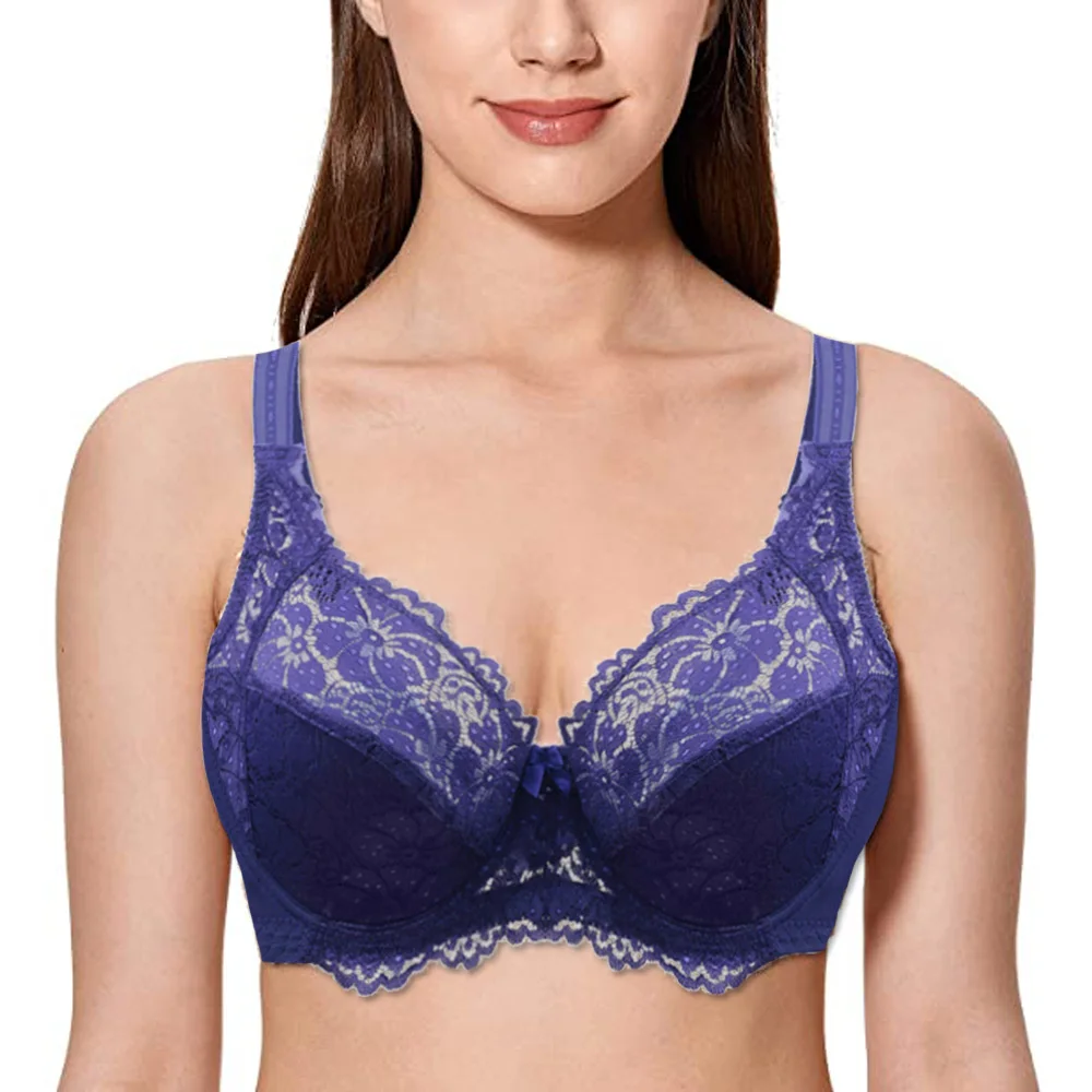 

New Bra Women Sexy Lace Bras Blue Gather Bra Ultra-thin Unlined Underwired Lace Bra Women 3/4 Cup Bralette C D DD E 34-46