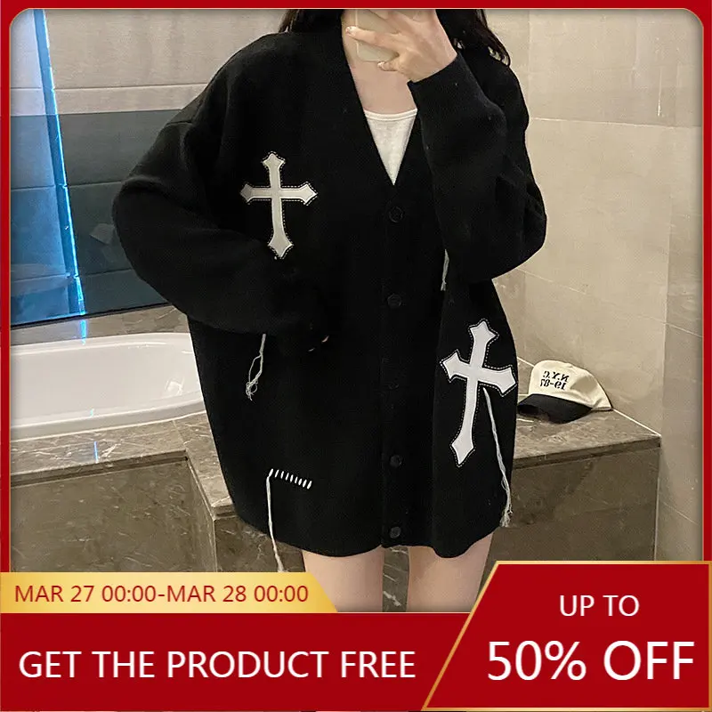 

Vintage Cross Long Sleeve Cardigan Sweater Women's Early Autumn Temperament High Grade Feel Lazy Wind Black Soft Waxy Top