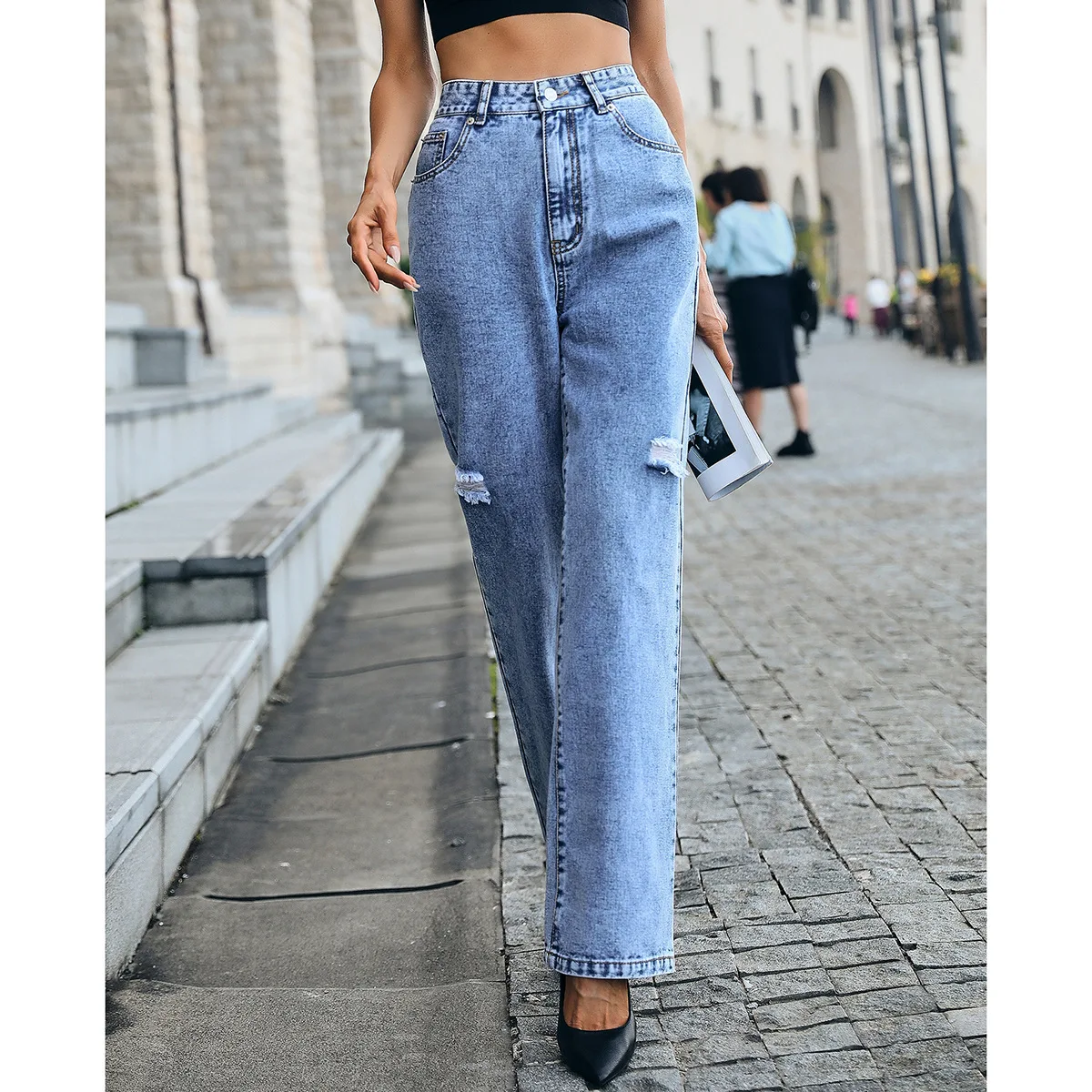 Washed Hole Denim Straight Trousers Women's Fashion High Waist Loose Jeans Thin Ripped Denim Trousers Pants Women Y2k Bottoms