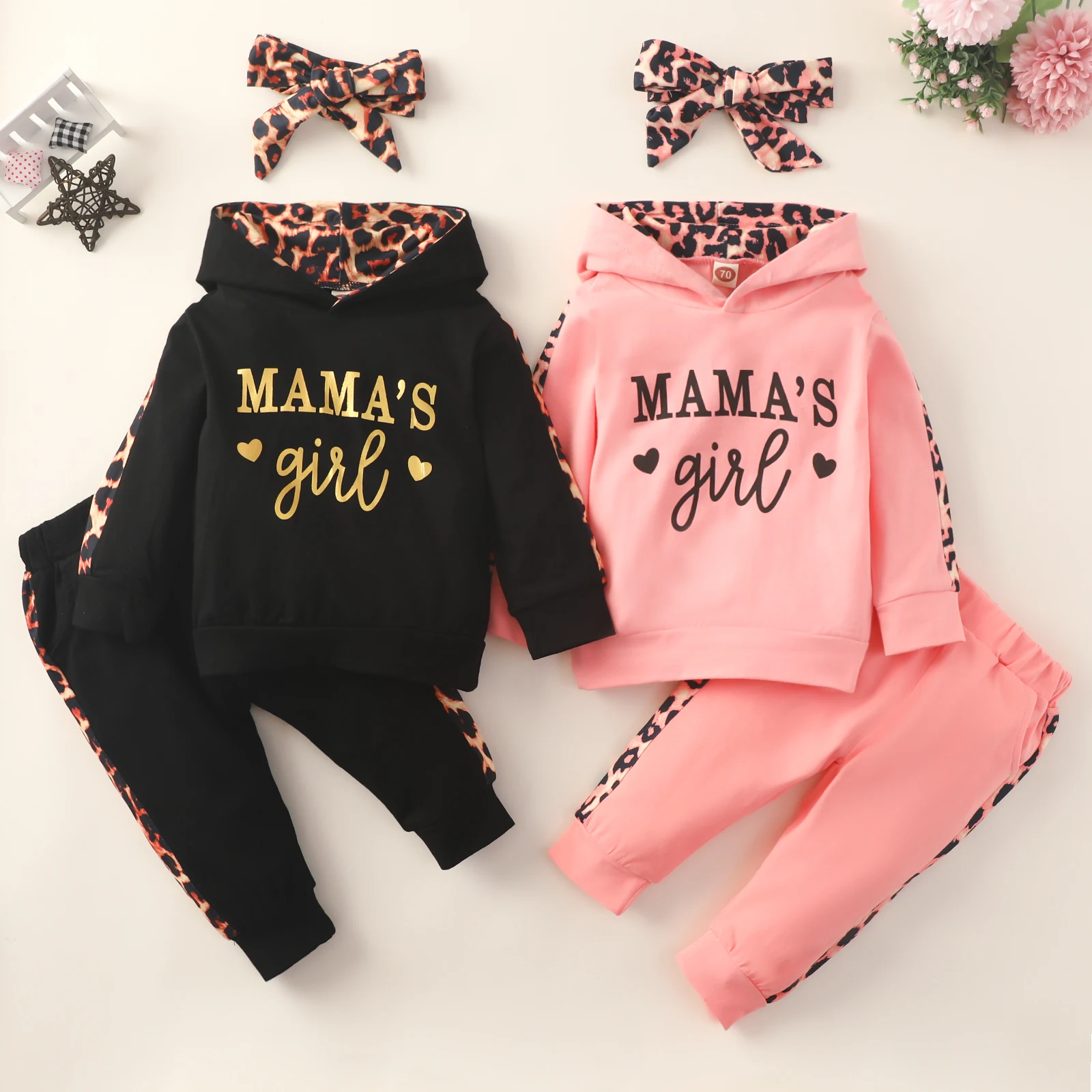 

3Pcs Newborn Pants Set Toddler Baby Girls Leopard & Letter & Heart Print Long Sleeve Hooded Sweatshirt + Trousers + Bow Headband