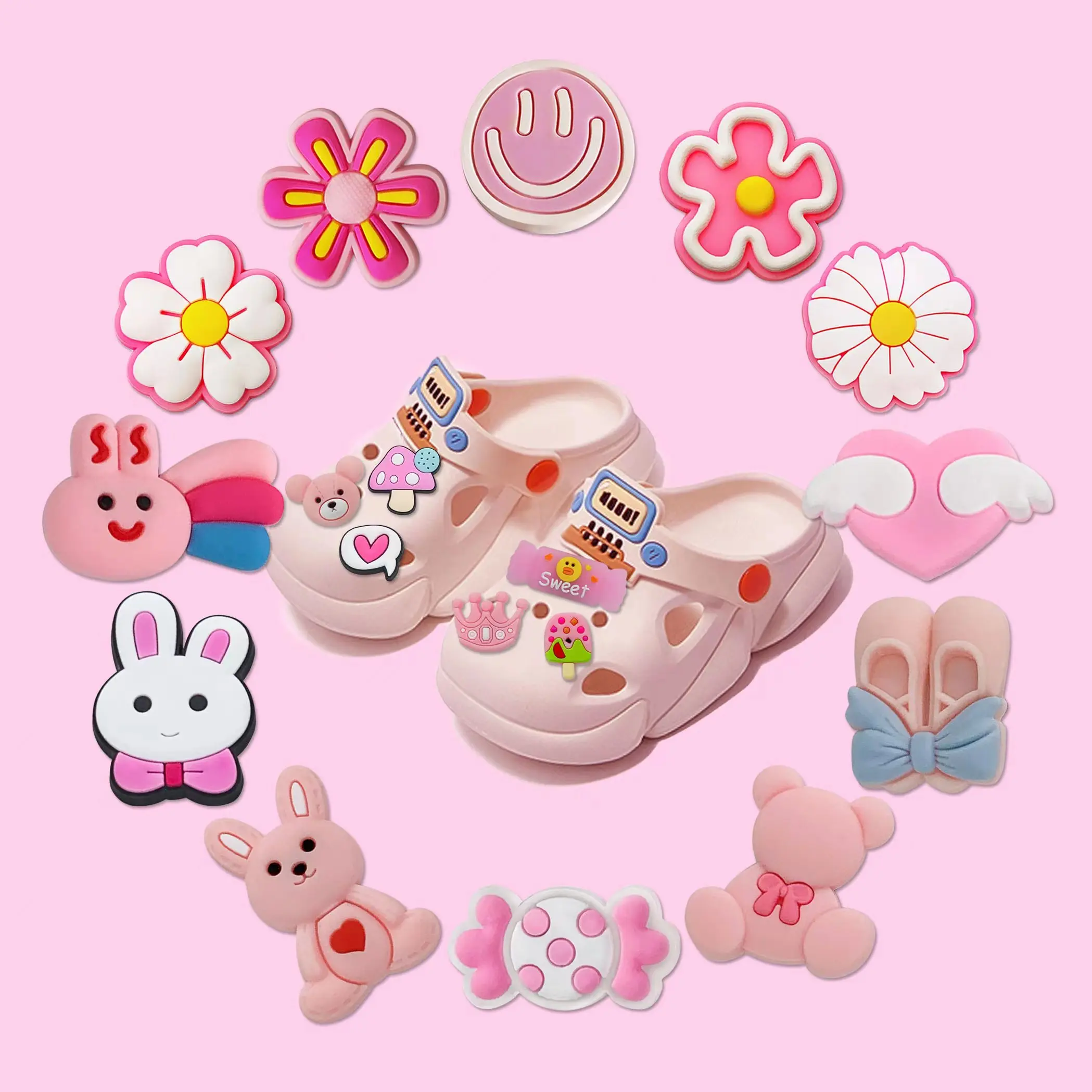 18pcs/set Pink Y2k style shoe charms DIY Detachable sandals decorate Accessories Croc jibz，Sandals Slippers