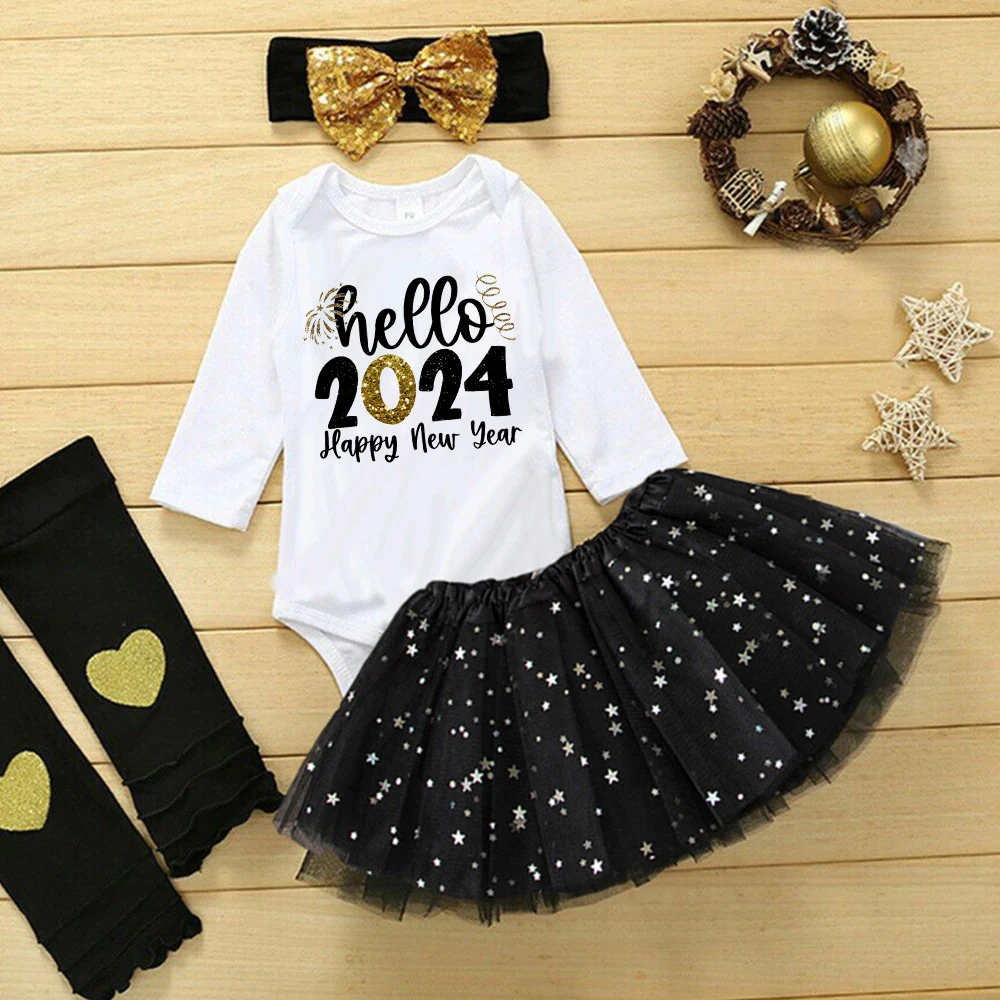 Hello 2024 Print Baby Girls Bodysuit Tutu Set New Year Girl Long Sleeve Romper + Skirt Infant Dresses 2 Piece Dress Set Outfits Hello 2024 Print Baby Girls Bodysuit Tutu Set New Year Girl Long Sleeve Romper + Skirt Infant Dresses 2 Piece Dress Set Outfits
