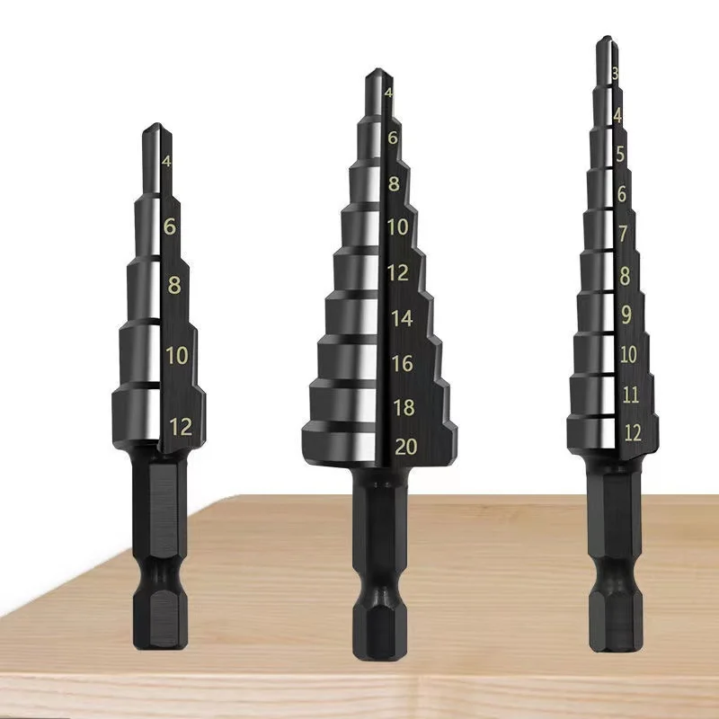 3-12/4-12/4-20mm Hexagonal Nitrided HSS Straight Groove Step Drill Bit Titanium Coated Wood Metal Hole Cutter Core Drill Bit Set