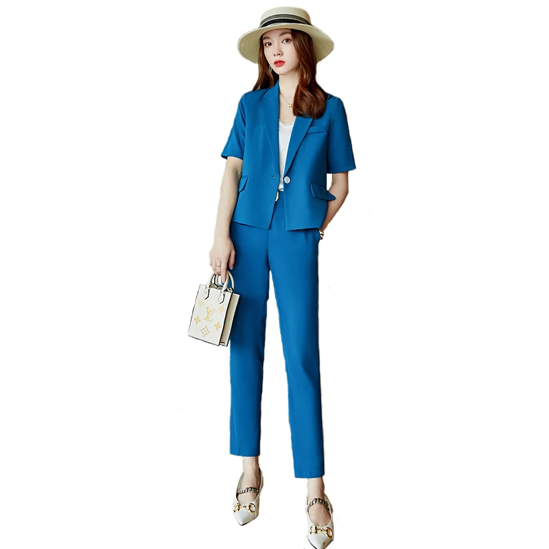 

Blue Suits Women New Summer Professional Temperament Fashion Short Sleeve Slim Blazer And Pants Office Ladies Work Wear Yellow