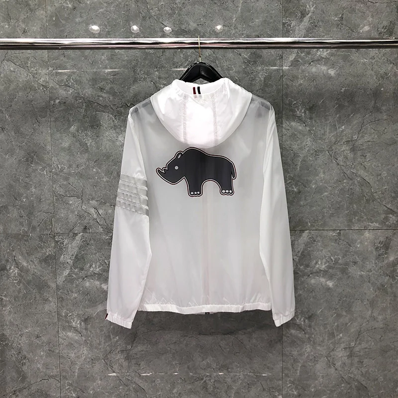 

THOM TB Jacket Summer Men's Windbreaker Fashion Brand Men's Jackets Printed Rhinoceros Pattern 4-Bar Summer Beach Sunscreen Coat