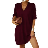 women summer sexy v neck dress 2022 casual solid loose party dress office ladies fashion hollow out cutout sleeve dress vestidos