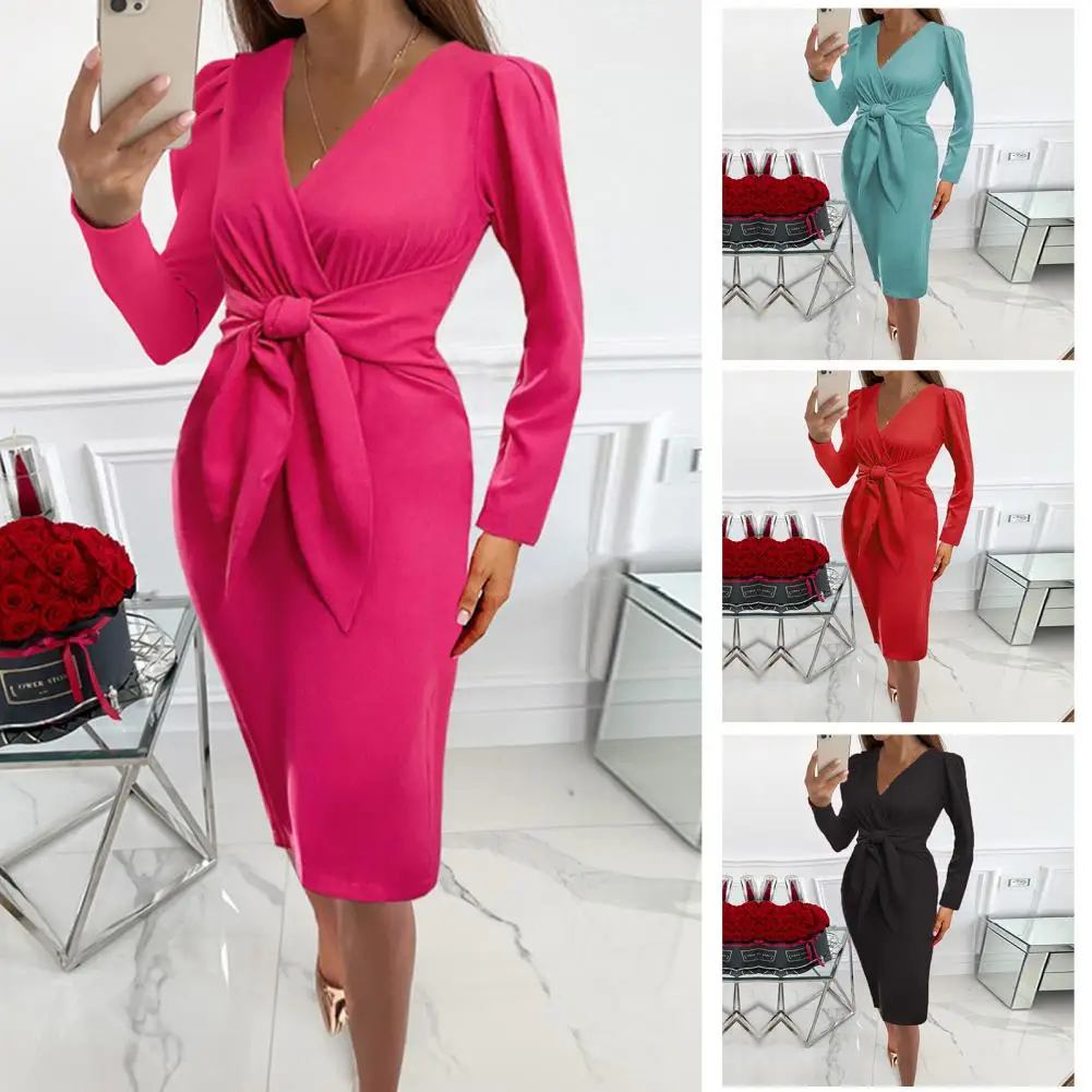 

Элегантное женское платье с V-образным вырезом и длинными рукавами, однотонное осеннее платье с высокой талией, элегантное платье миди на шн...