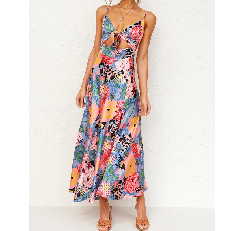 

Женское длинное платье с цветочным принтом, V-образным вырезом