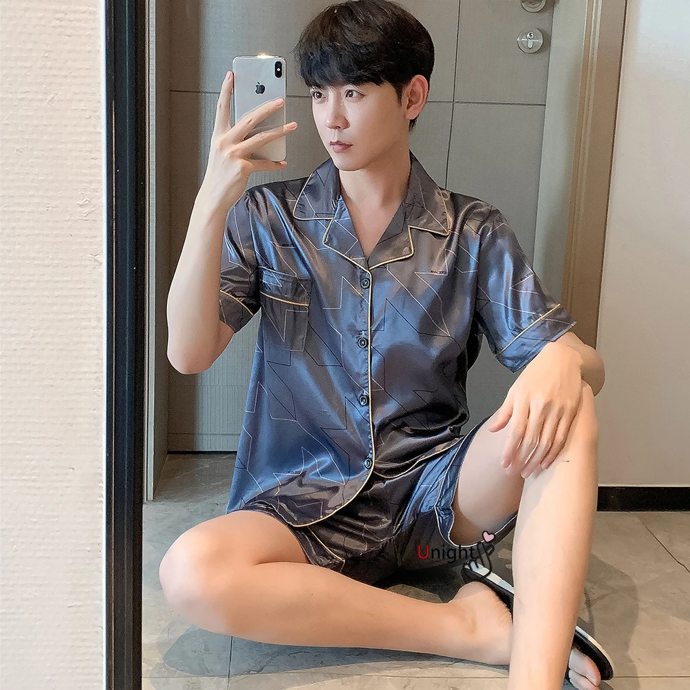 Мужской летний костюм из двух предметов атласная пижама с отложным воротником и