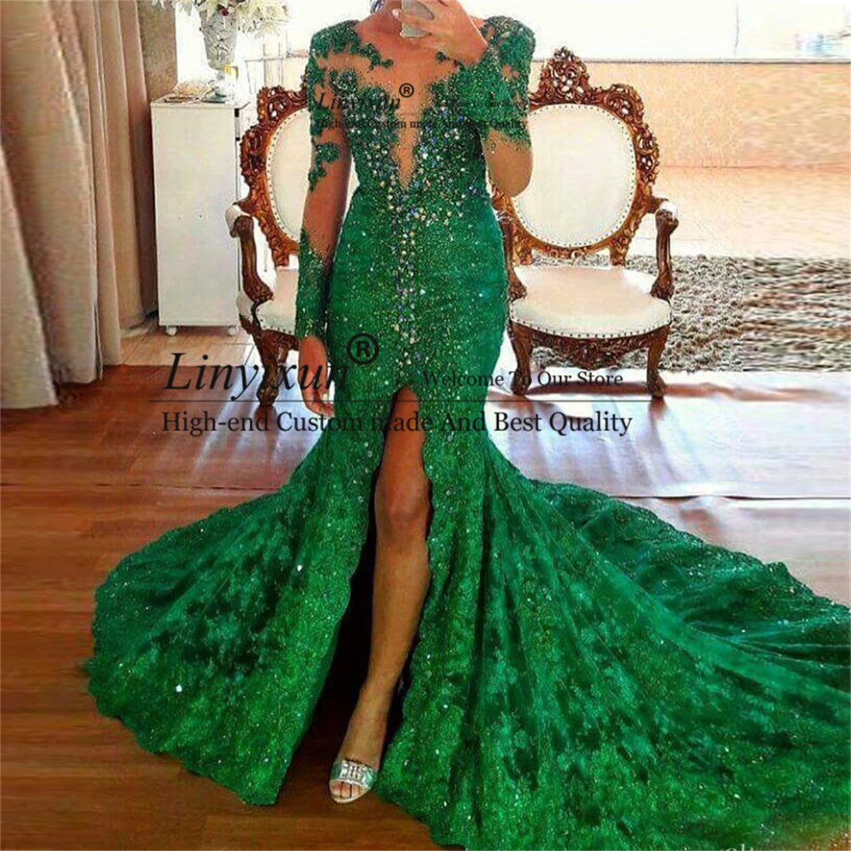 

Green Lace Mermaid Prom Dresses Sheer Neck Illusion Long Sleeves Sexy Split Evening Gown Sweep Train Saudi Arabia Party Dress