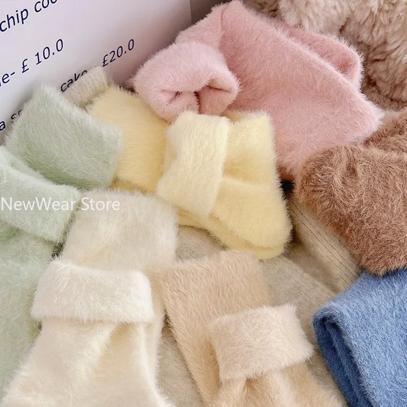 Women Socks Wool Autumn Winter Warm Snow Markron Color Stockings Cute Mink Fleece Mid-tube