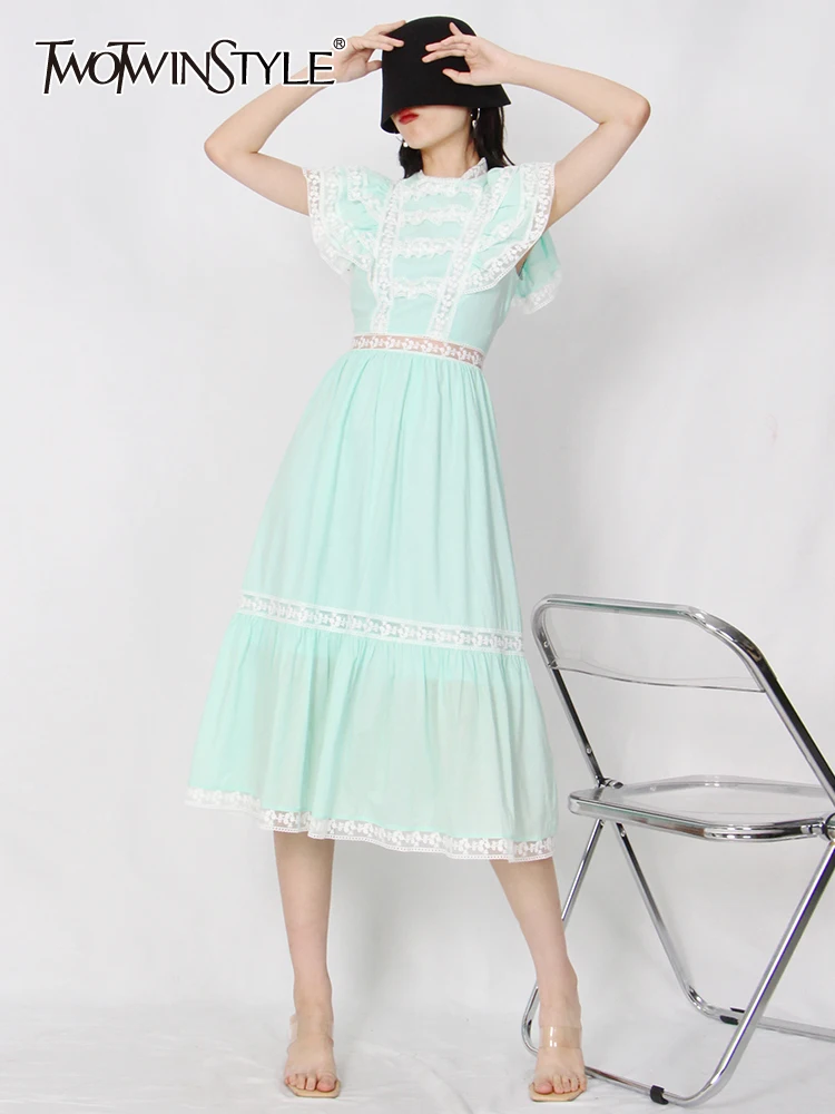 

TWOTWINSTYLE Summer Dress For Women Stand Collar Short Sleeve High Waist Embroidery Colorblock Midi Dresses Female Fashion Style
