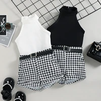 infant baby girls outfit set hanging neck vest houndstooth printed shorts belt three piece suit baby girl clothes