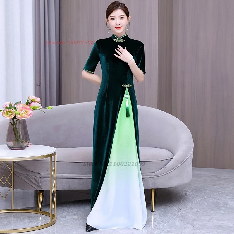2024 вьетнамское традиционное платье Aodai бархатное Cheongsam градиентный цвет Ципао
