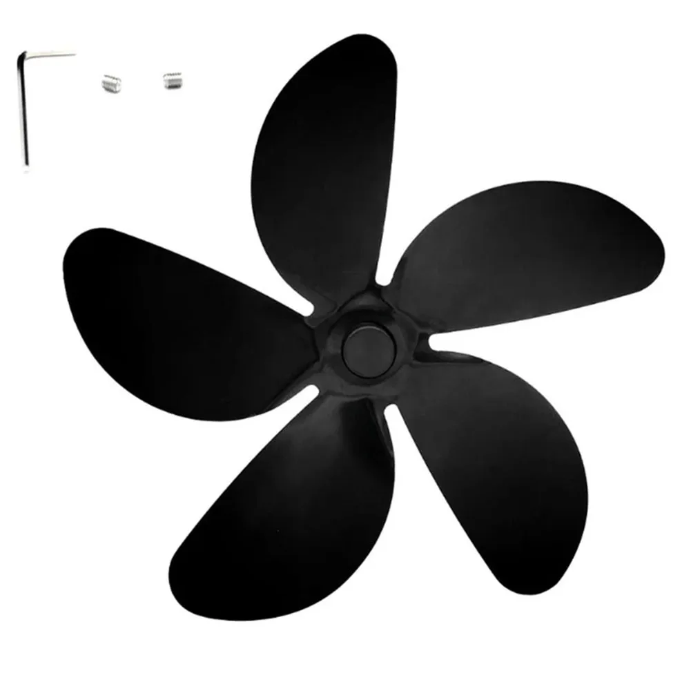 

Black Fireplace 5 Blade Aluminum Alloy Heating Furnace Fan Log Burner Safety Household Fan Blade Accessories Fireplace Parts