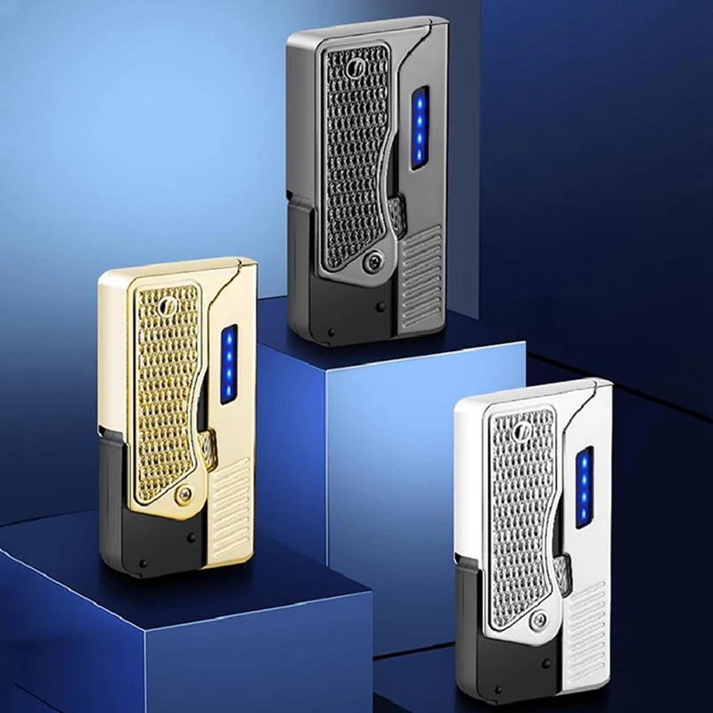 

2 In 1 Jet Flame Lighter Windproof Creative Foldable Gun Plasma Dual Arc Lighter Butane Torch Turbo Cigar Lighter Funny Men Gift