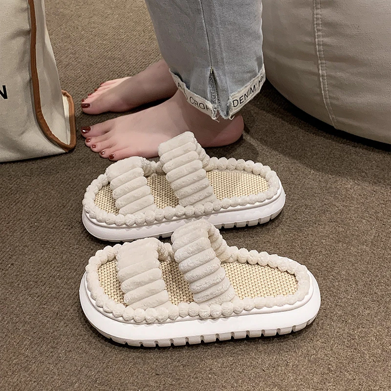 Women Double Strap Outdoor Flat Sandals Smiple Leisure Open Toe Sweet Lovely Beach Slides Summer Platform Soft Comfy Linen Shoes