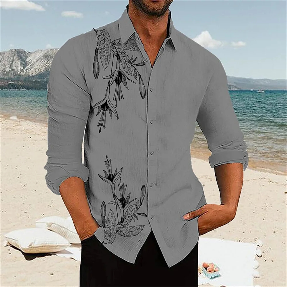 Simple Men's Long-sleeved Shirt Coconut Tree Print High-quality Top Travel Leisure Trend Lapel Shirt Fabric Comfortable Breathly