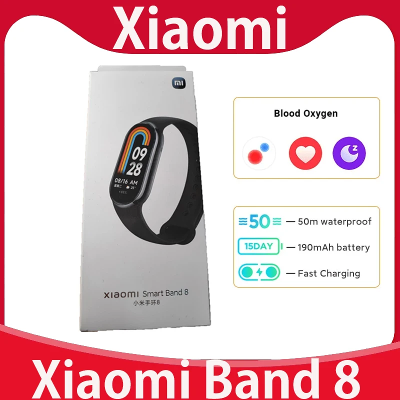 

Смарт-браслет Xiaomi Mi Band 8, фитнес-трекер с цветным AMOLED экраном, с функцией измерения уровня кислорода в крови, с поддержкой Bluetooth, водонепроницаемый смарт-браслет, 7 цветов