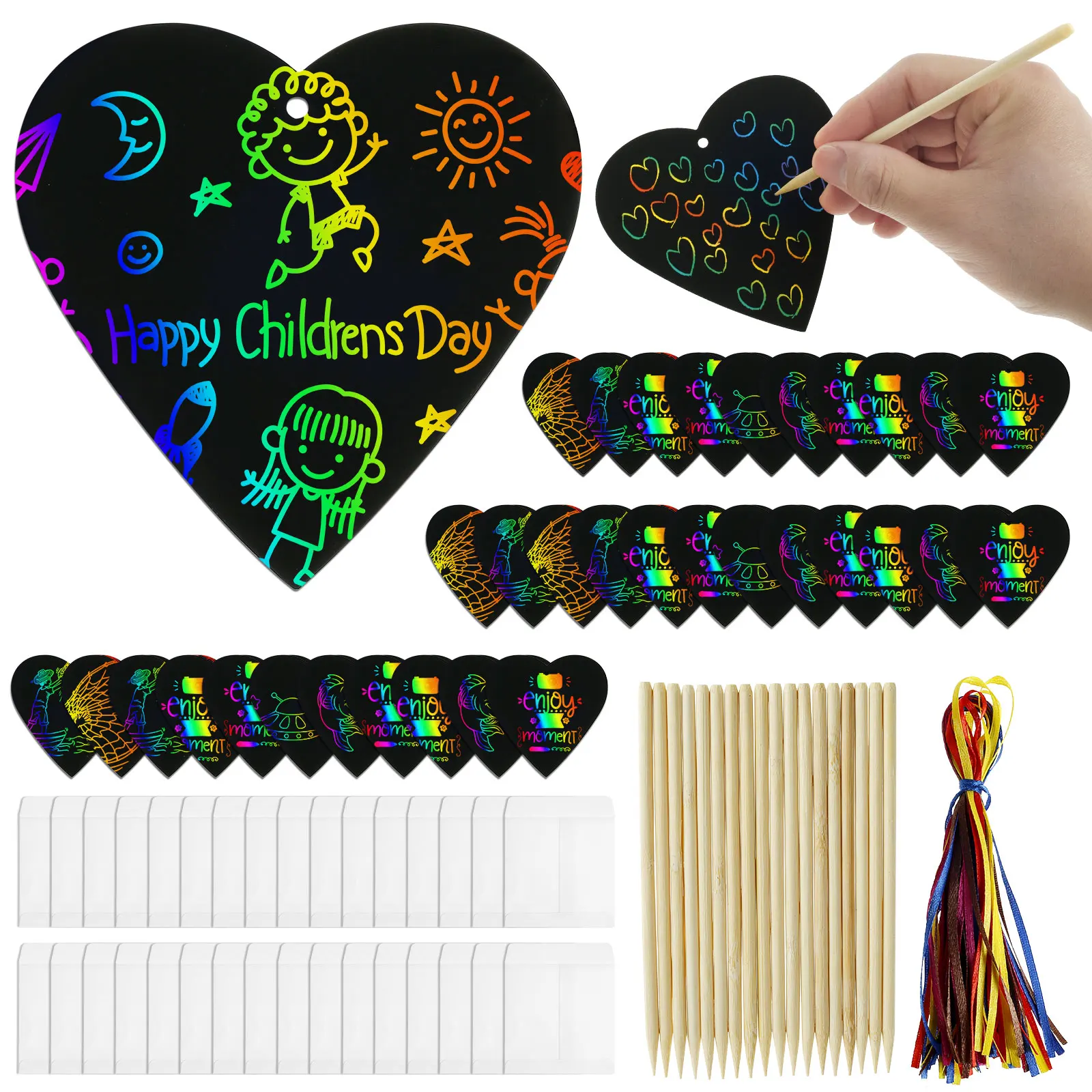 

Новый Набор для рисования царапин в форме сердца, цветная бумага для рисования без чернил, карта для рисования с лентами, пакеты-конверты, ручки, художественное ремесло «сделай сам»