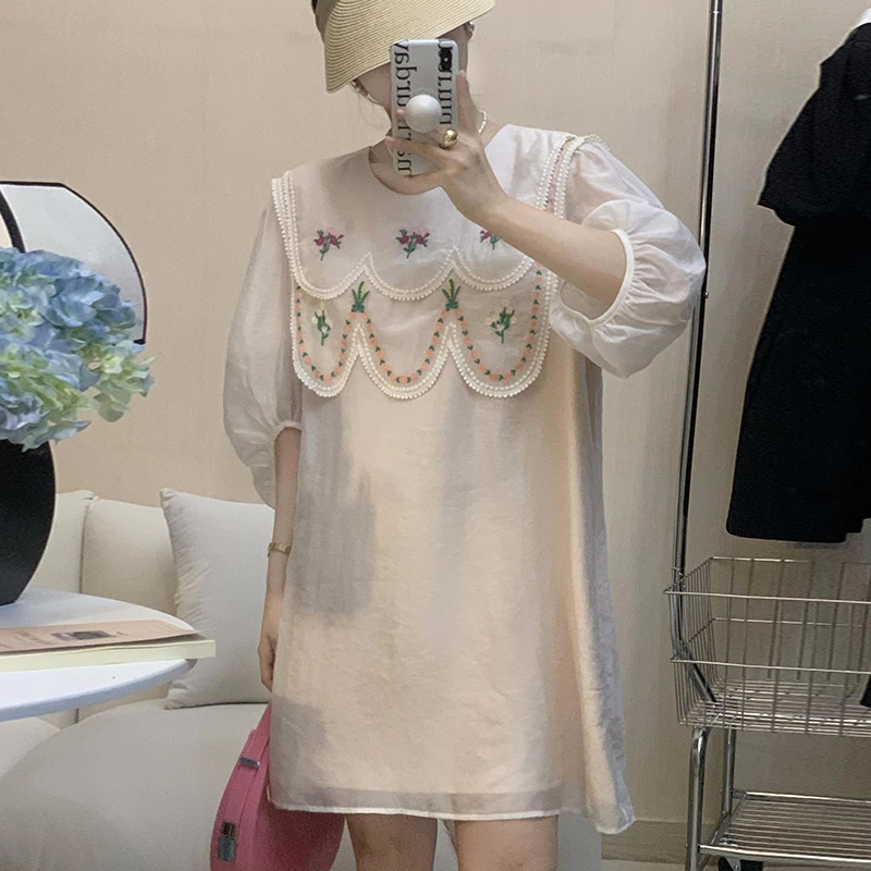 

Clothland Women Fashion Embroidery Ruffled Long Blouse Shirt Half Sleeve One Piece Sweet Cute Mini Vestidos Mujer LA544