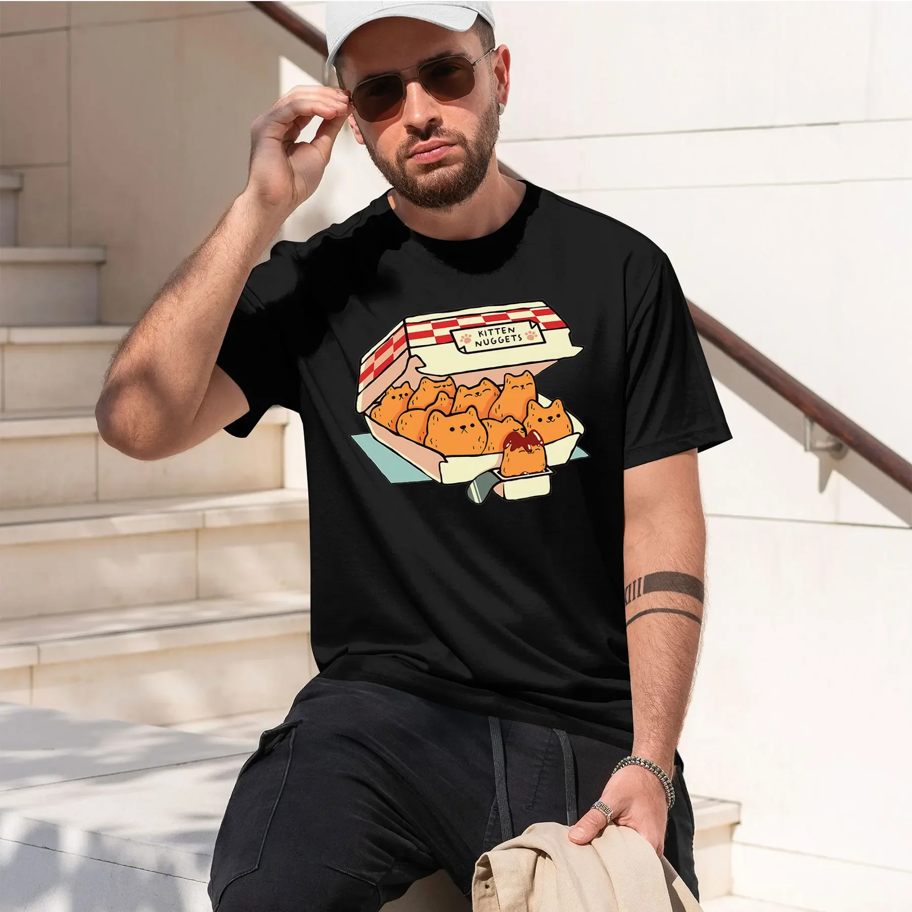 Фото Футболка Kitten Nuggets Fast Food Cat от Tobe Fonseca 2026: новая модная модель, хит продаж, с ретро-принтом, забавным узором, круглым вырезом, из плотной ткани. №1