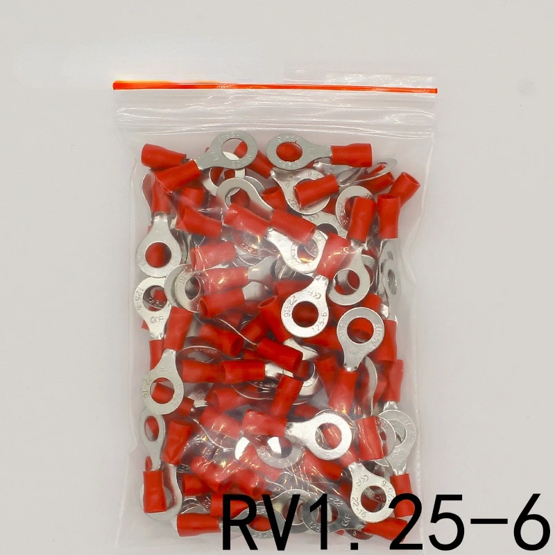 

RV1.25-6 Red 22-16 AWG 0.5-1.5mm2 Insulated Ring Terminal Connector Cable Wire Connector 100PCS/Pack RV1-6 RV
