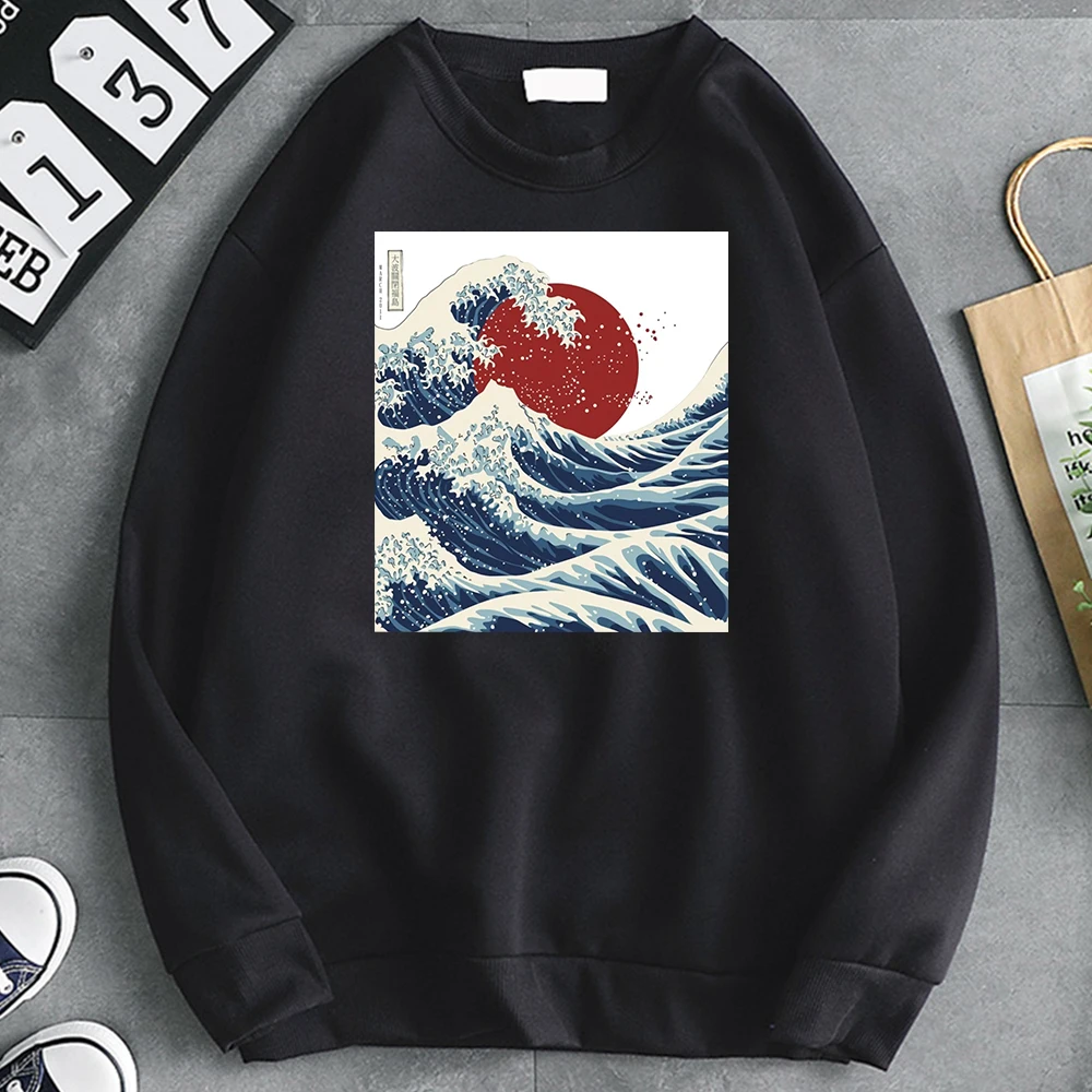 

Толстовки с принтом канагава The Great Wave Off, повседневные свободные мужские спортивные костюмы с карманами и капюшоном в стиле панк, Kpop, хлопок