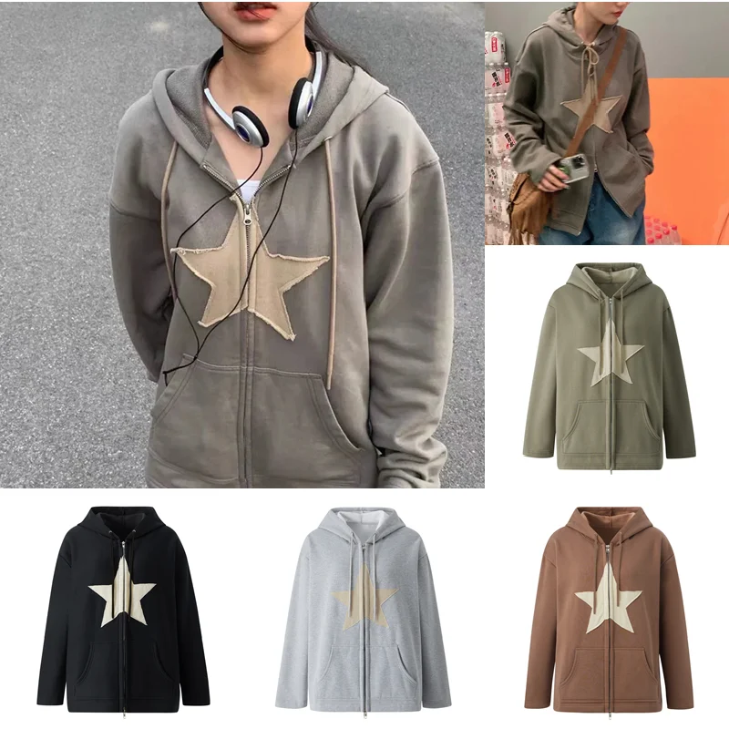 Hip Hop Zip up New Hoodie Star Patch Cotton Women's Loose Tops Harajuku Punk Gothic Clothes Grunge Casual Sweatshirt