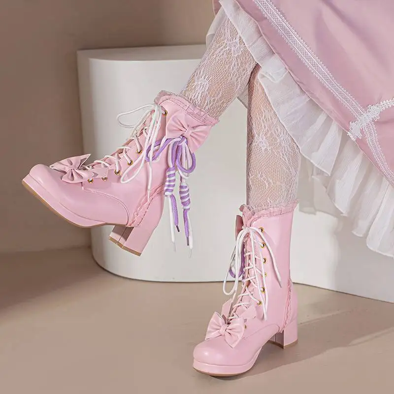

ASILETO дизайн обуви женские сапоги до середины икры 19,5 см Середина каблука 3 см платформа 2 см шнуровка бант милые девушки круглый носок свидан...