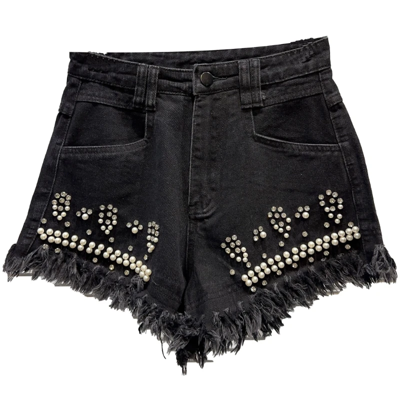 Black Booty Shorts Women Denim Shorts 2023 Spring Summer New Pearl Rhinestone Beaded Burrs Tassels Short Pants Sexy Girl