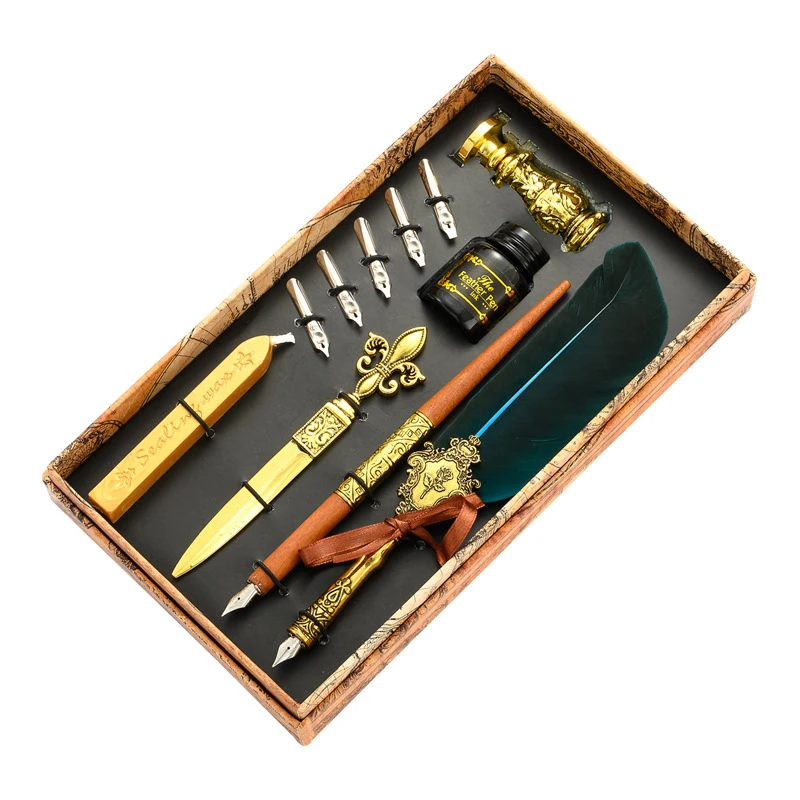 

European Style Dip Pens Set With Ink New Retro Dipping Quill Pen Wholesale Lacquer Seal Student Feather Pencil Gifts