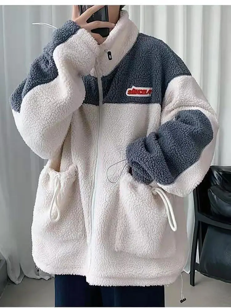 

Lamb Wool Jacket Men Korean Fashion Preppy Style Padded Coats Women Autumn Winter Casual Loose Vintage Cotton Clothes 2022 New