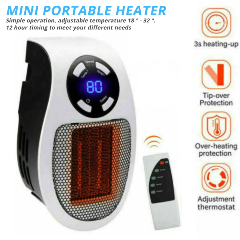 

1pc Plug In Wall Heater 500w Mini Electric Digital Timer Heat Fan UK Plug Household Radiator Remote Warmer Machine For Office