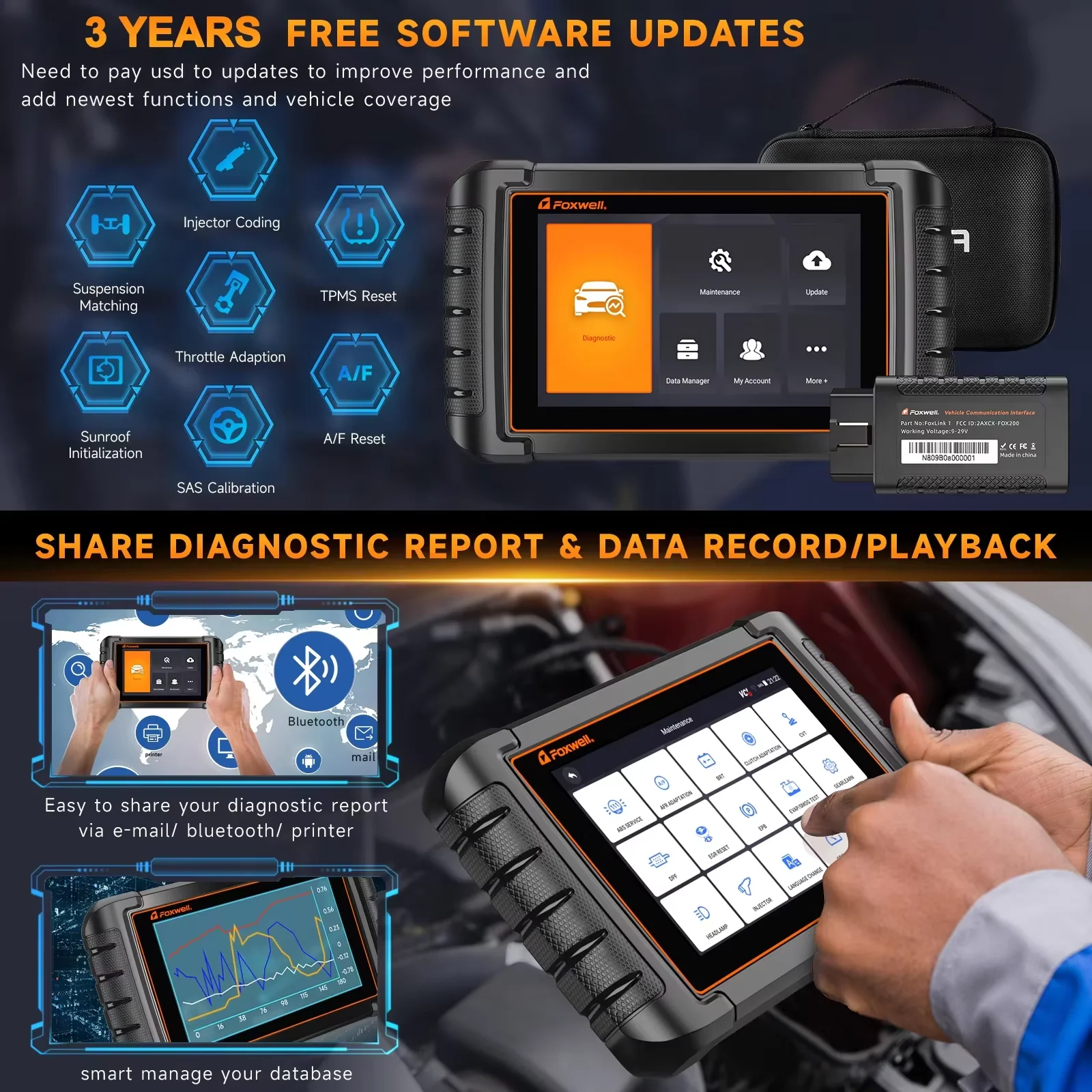 Фото Диагностический инструмент для автомобилей с поддержкой OBD2 и Bluetooth, двустороннее тестирование всех систем, сброс 30+ функций IMMO, считыватель кодов, сканер FOXWELL NT809BT OBD2. №3