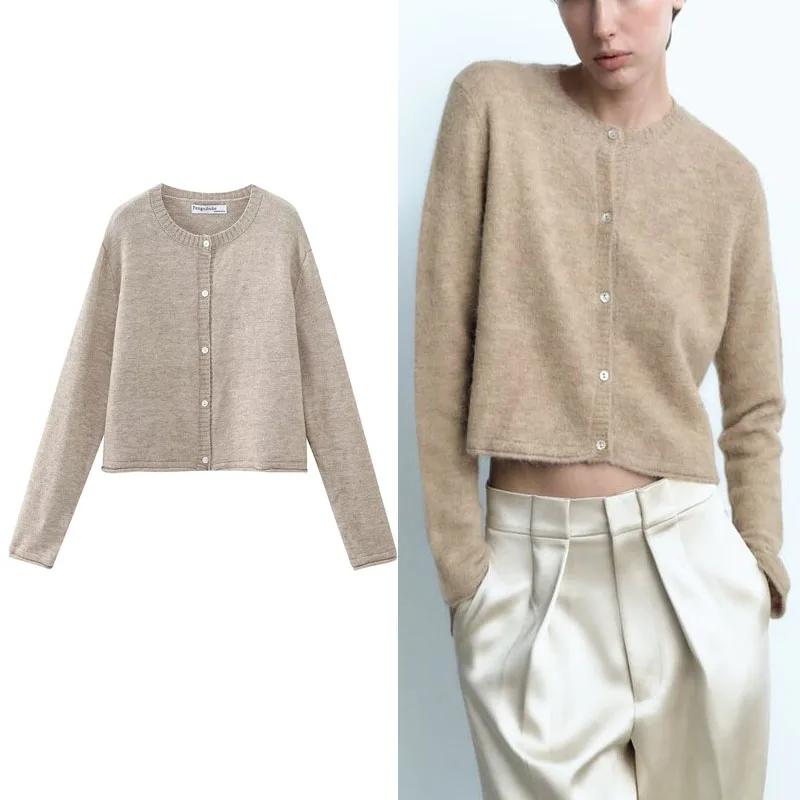 

Женский шерстяной кардиган на пуговицах, с круглым вырезом и длинными рукавами